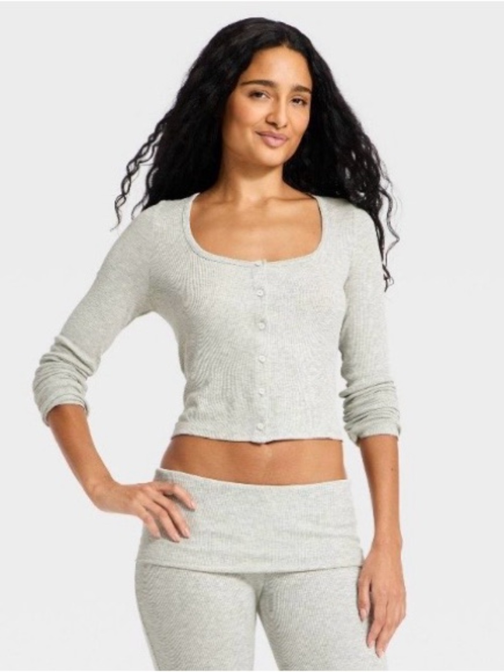 Wild Fable Women’s Long Sleeve Ribbed Front Button Sleep Top. Heather Light Gray